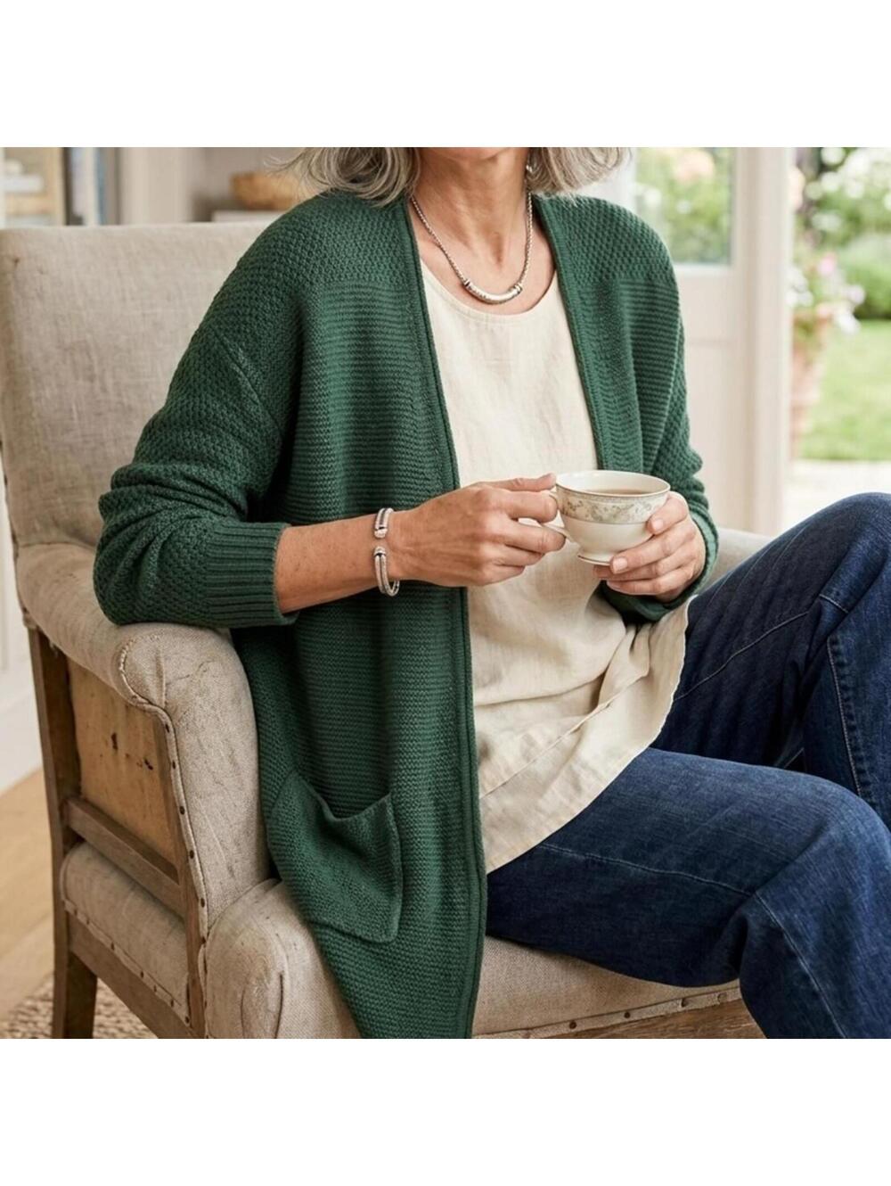 J.Jill Womens XL Forest Green Chunky Knit Open Cardigan Cotton Wool Pockets